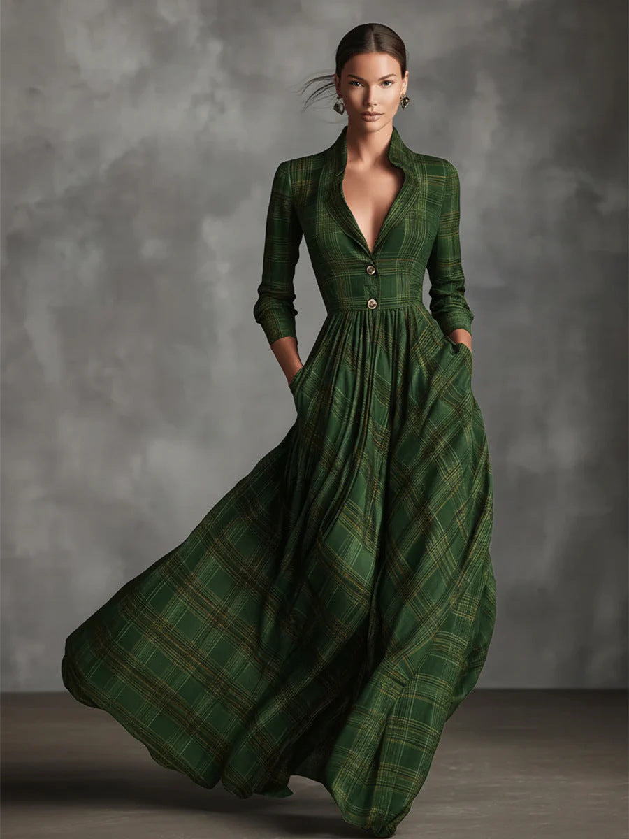 Audrey vintage dress in green check, full-length front view