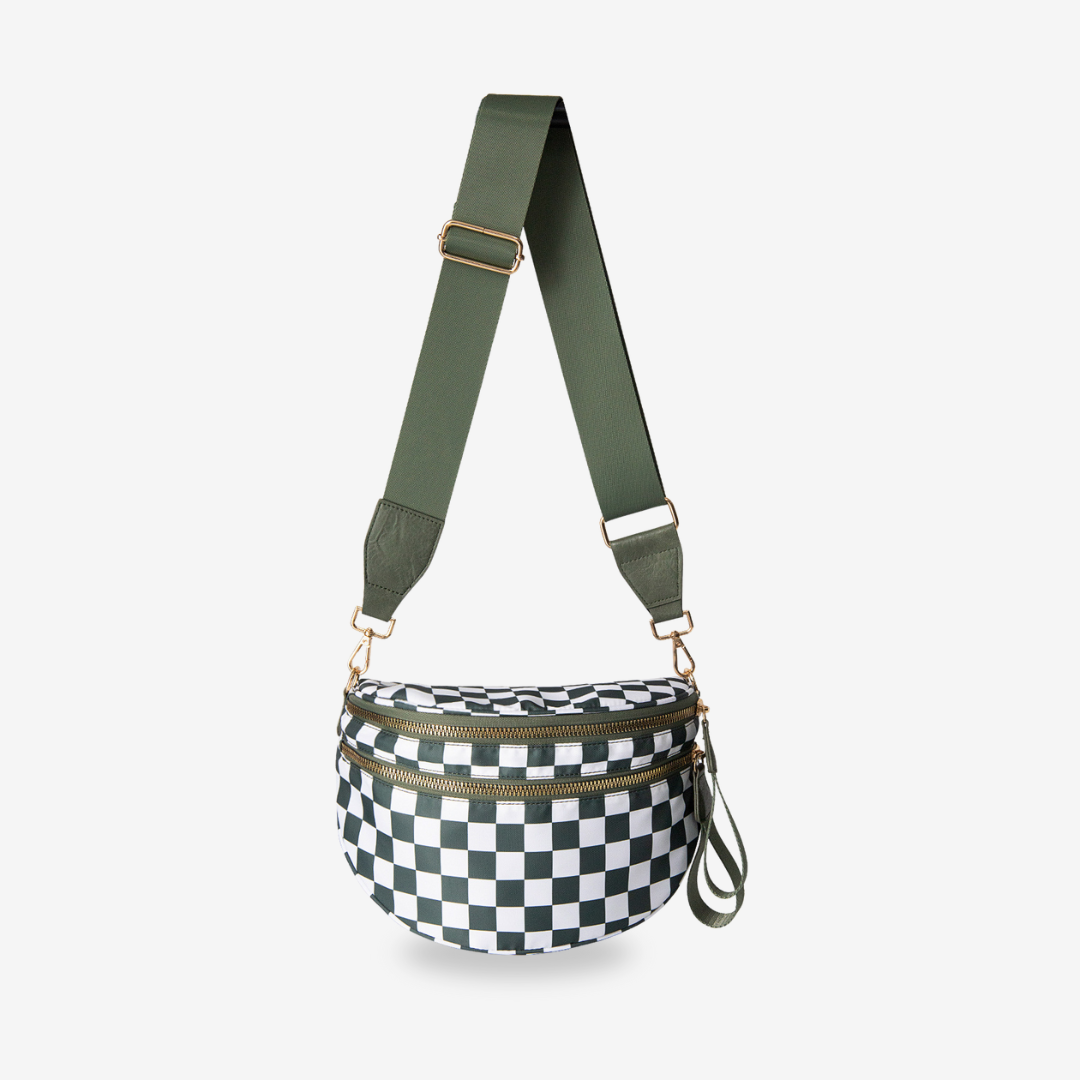 Dionne crossbody bag in olive green and white check, front view