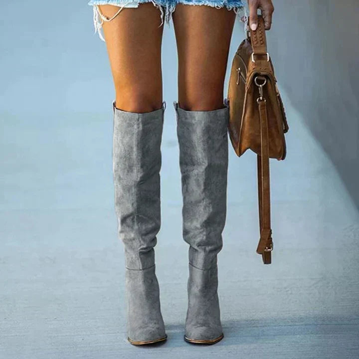 Fern knee-high boots in grey, back view of slouched shafts