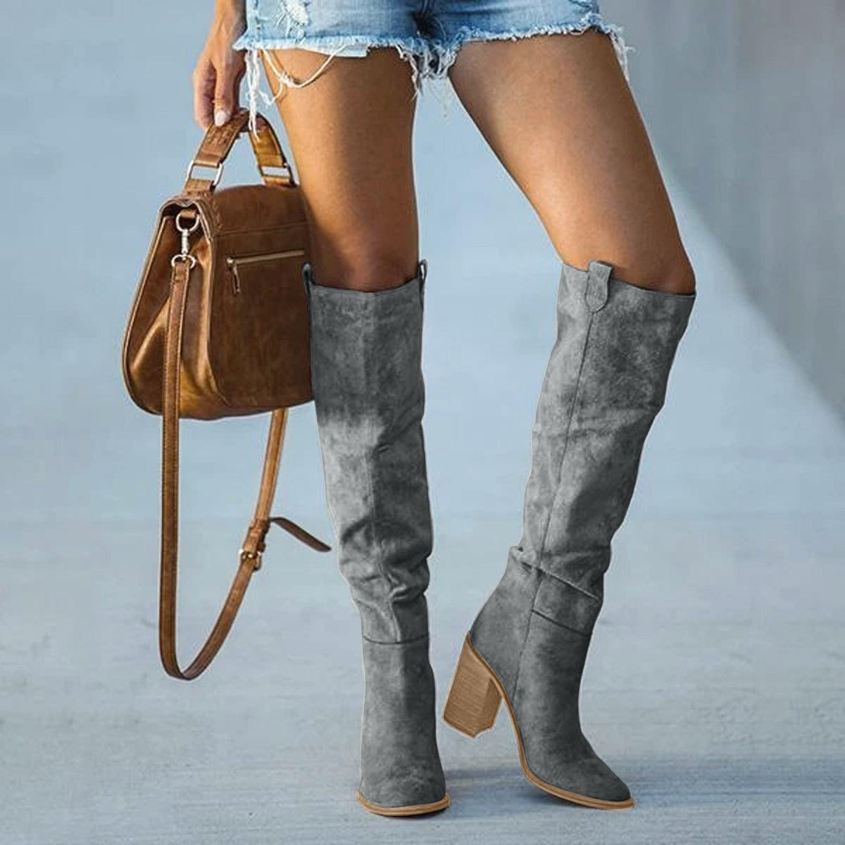 Fern knee-high boots in grey, full front view on model