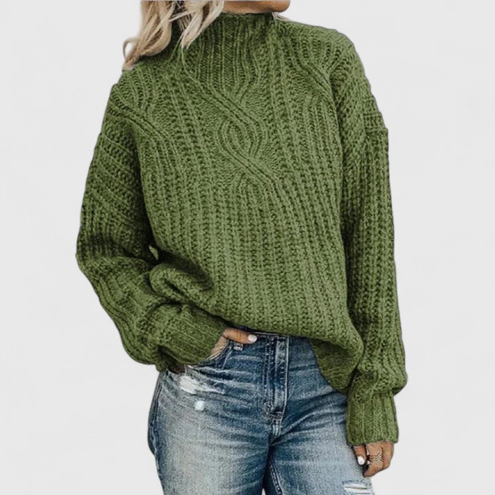 Auvryn cable-knit sweater in green, mock neck front view