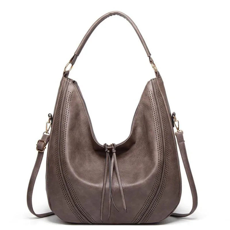 Ysolde slouchy leather hobo bag in grey, front view