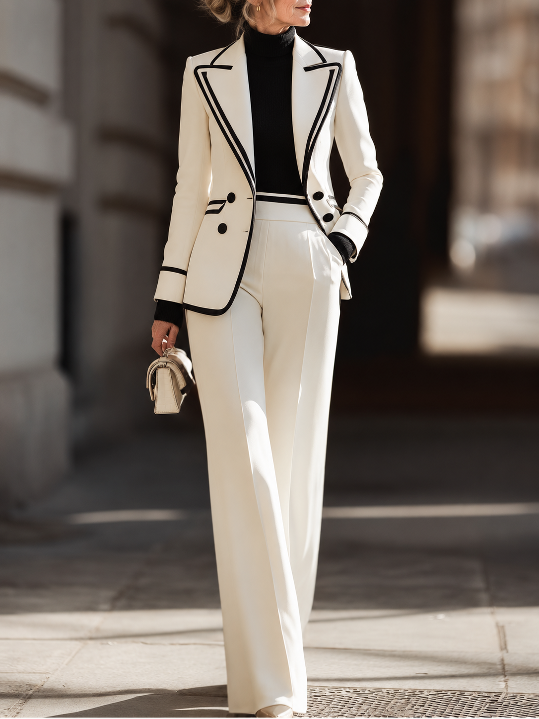 Rosamund trouser suit in ivory, walking view with contrast-piped blazer