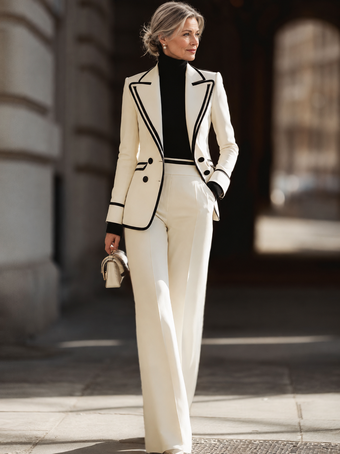 Rosamund trouser suit in ivory, full-length three-quarter view