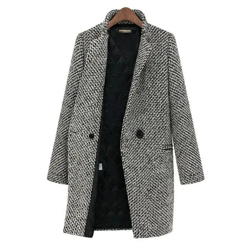 Evadine long coat in black and white check, front view on hanger