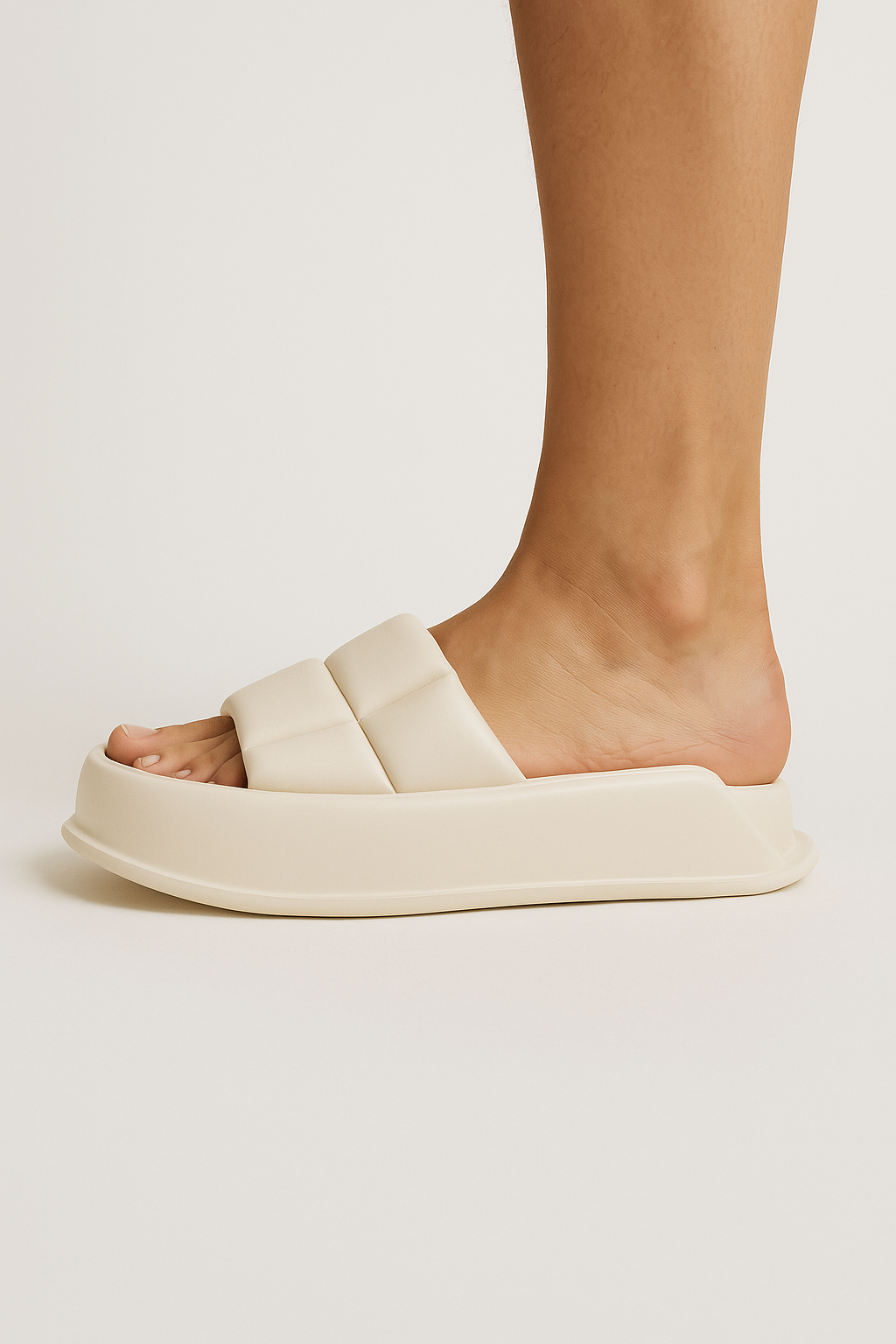 Handmade platform sandals in beige worn on foot, side view