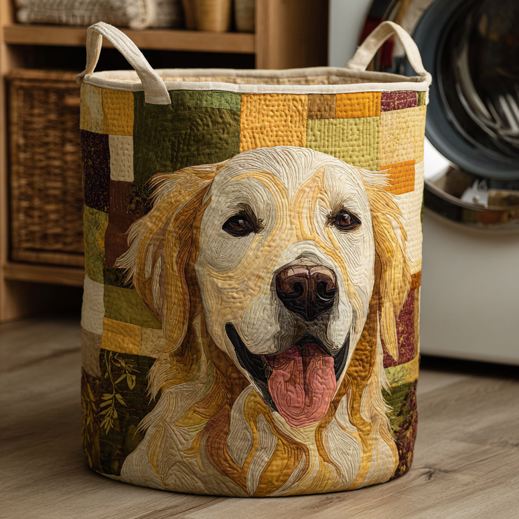 Ginevra hand-quilted laundry basket with Golden Retriever design and cream handles
