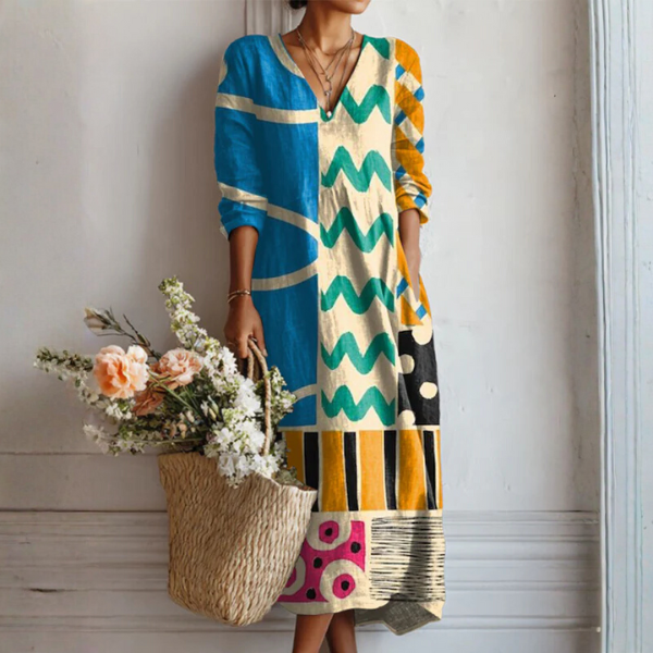 Harper abstract print midi dress in multicolour, full-length front view