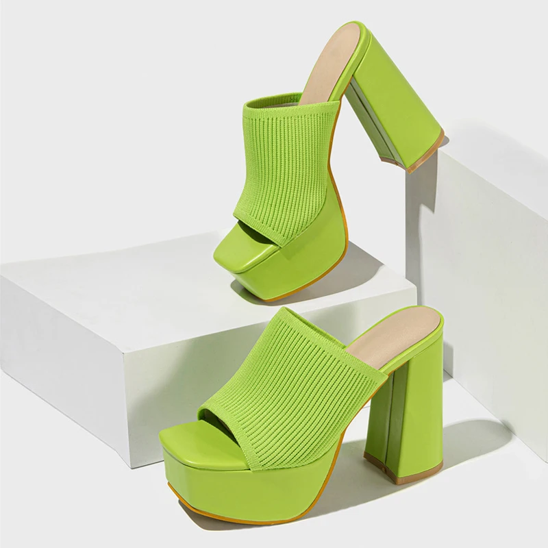 Helena platform sandals in lime, angled pair view