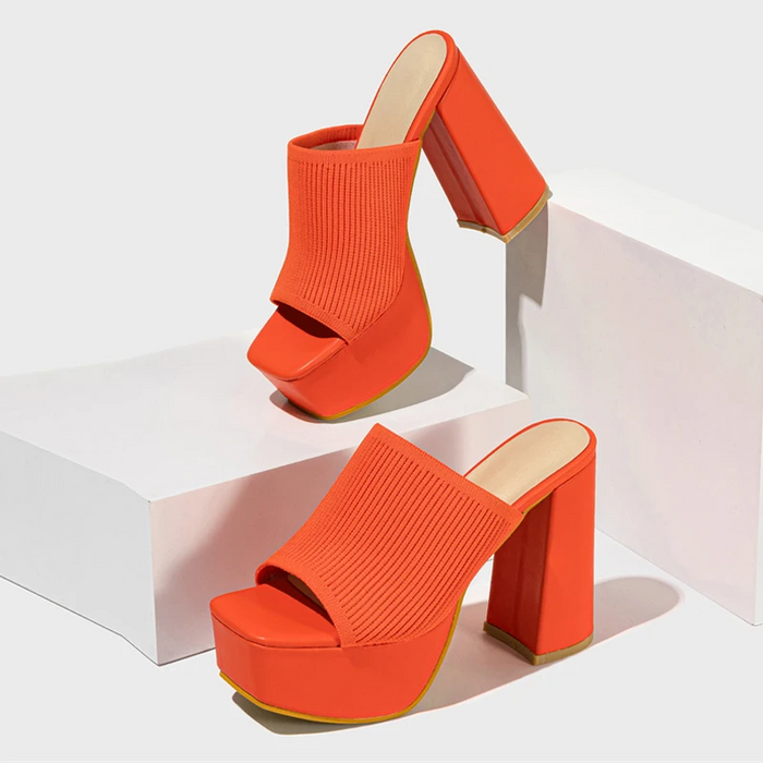 Helena platform sandals in orange, angled pair view