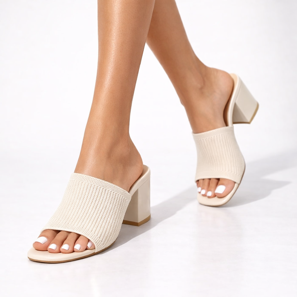 Helena block heel sandals in cream, worn front view
