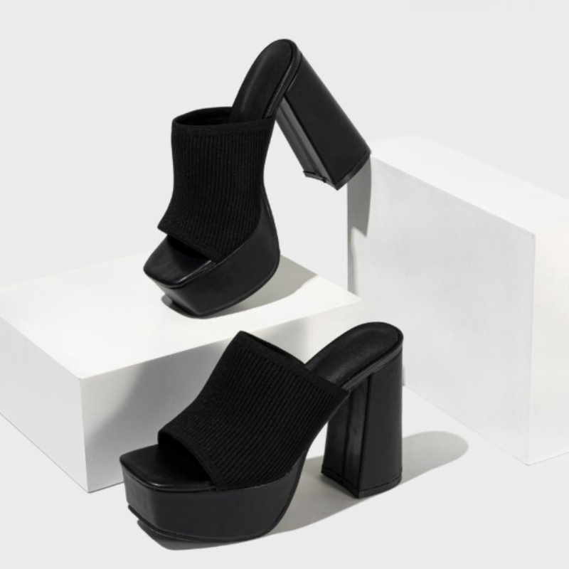 Helena platform sandals in black, angled pair view