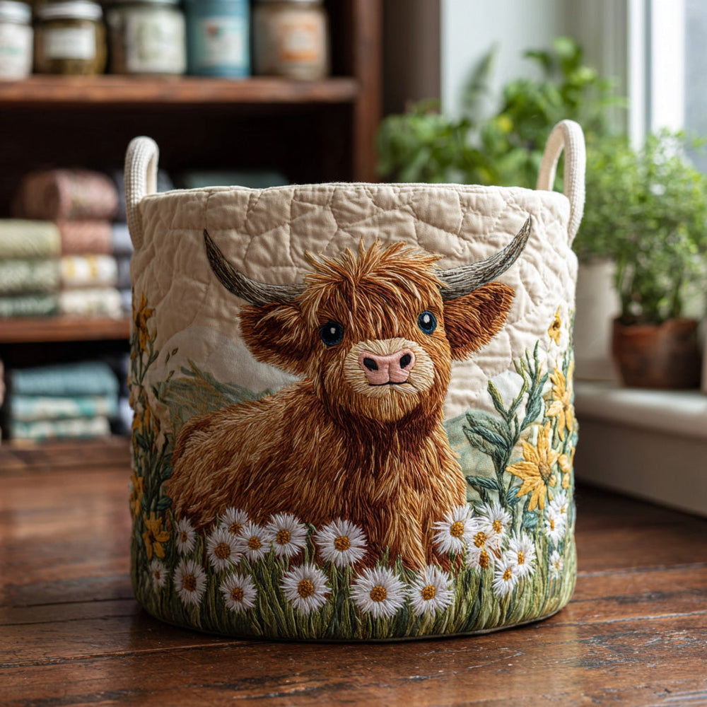 Erica hand-quilted laundry basket with Highland cow and daisy design