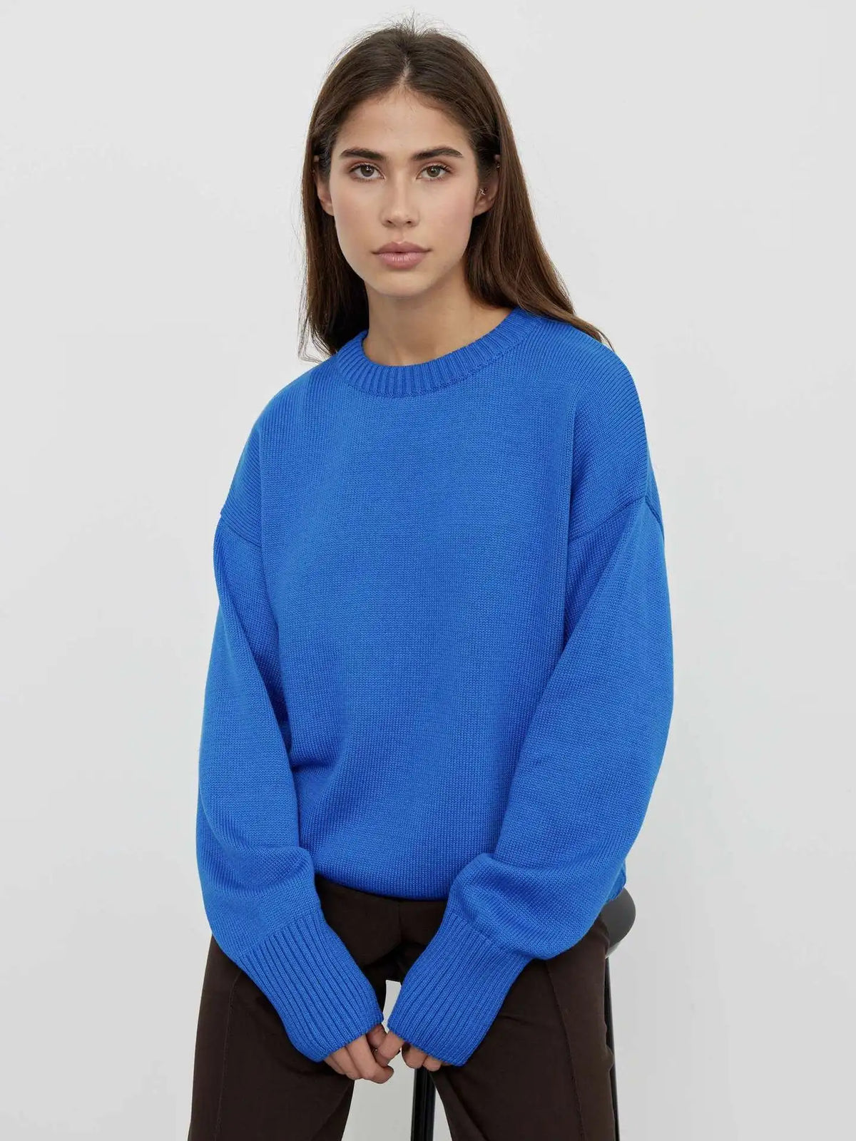 Alice cashmere sweater in blue, front view on model