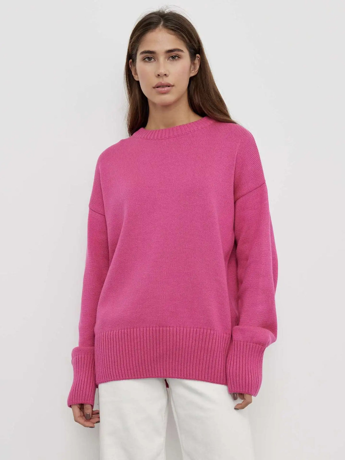 Alice cashmere sweater in pink, front view with ribbed cuffs