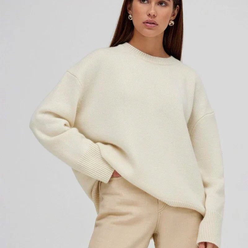 Alice classic cashmere sweater in cream, front view on model