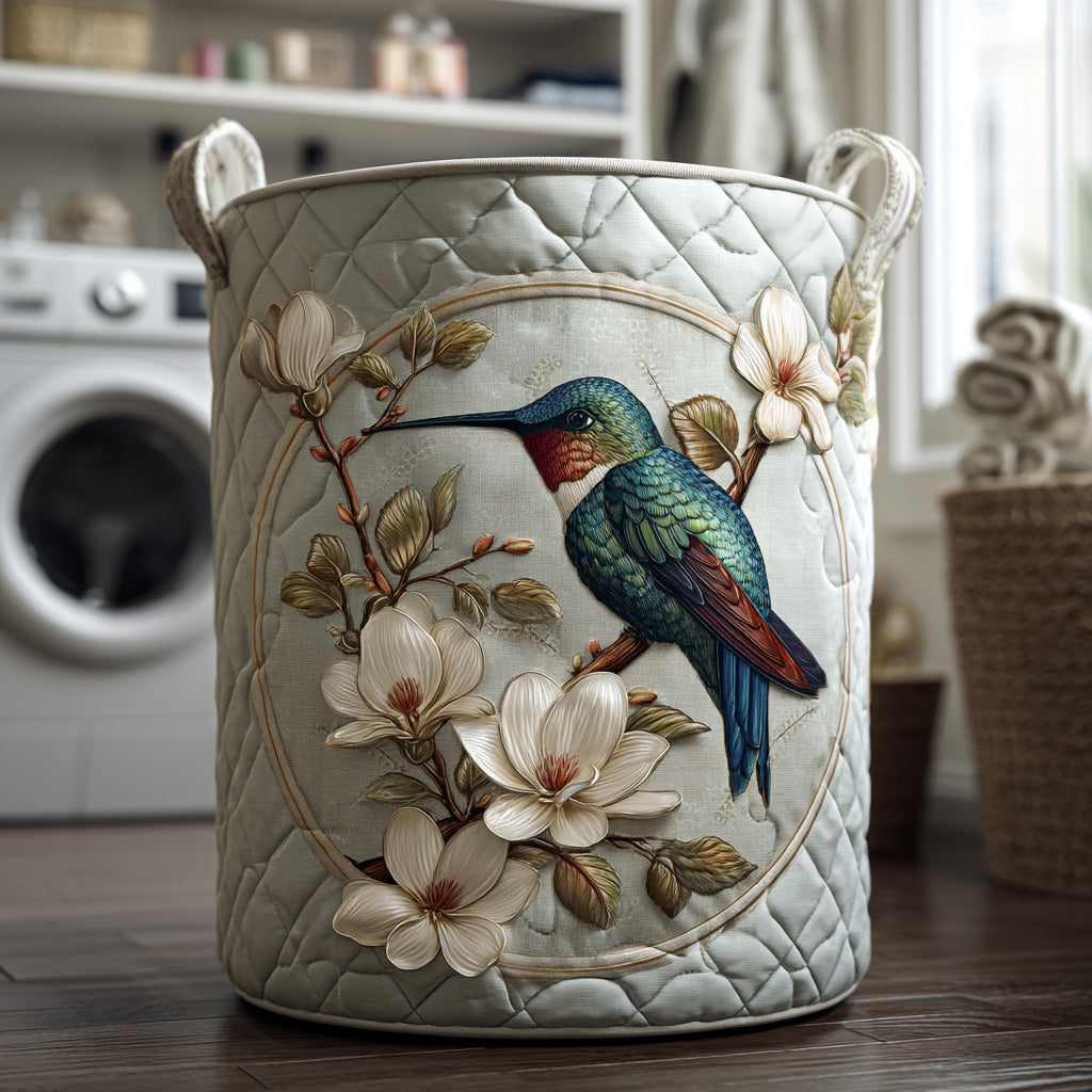 Diana hand-quilted laundry basket with hummingbird and magnolia motif in a laundry room