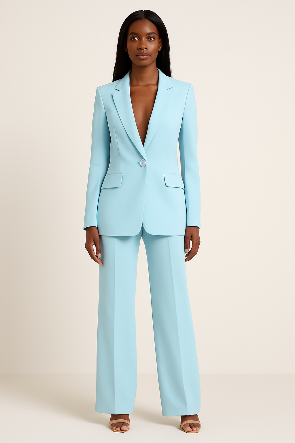 Zoe tailored suit set in turquoise, full-length front view