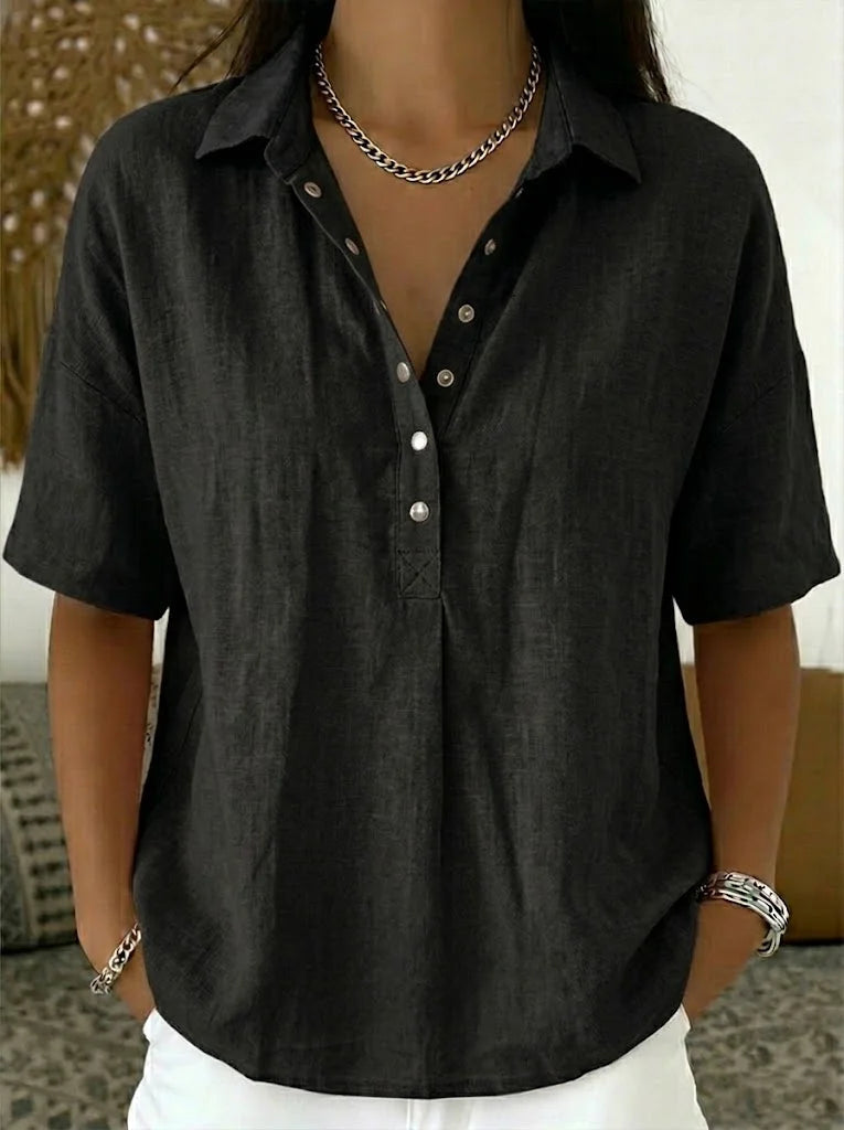 Charlotte linen blouse in black, front view on model