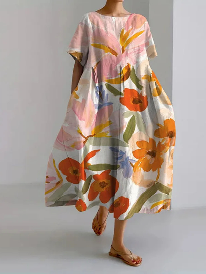 Henrietta floral summer dress in orange and pink painterly print, full-length front view