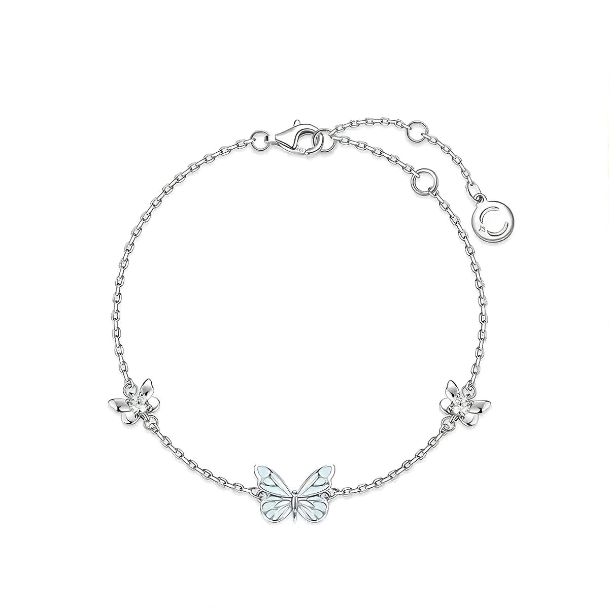 Luminous blue butterfly bracelet in silver tone, full chain laid flat