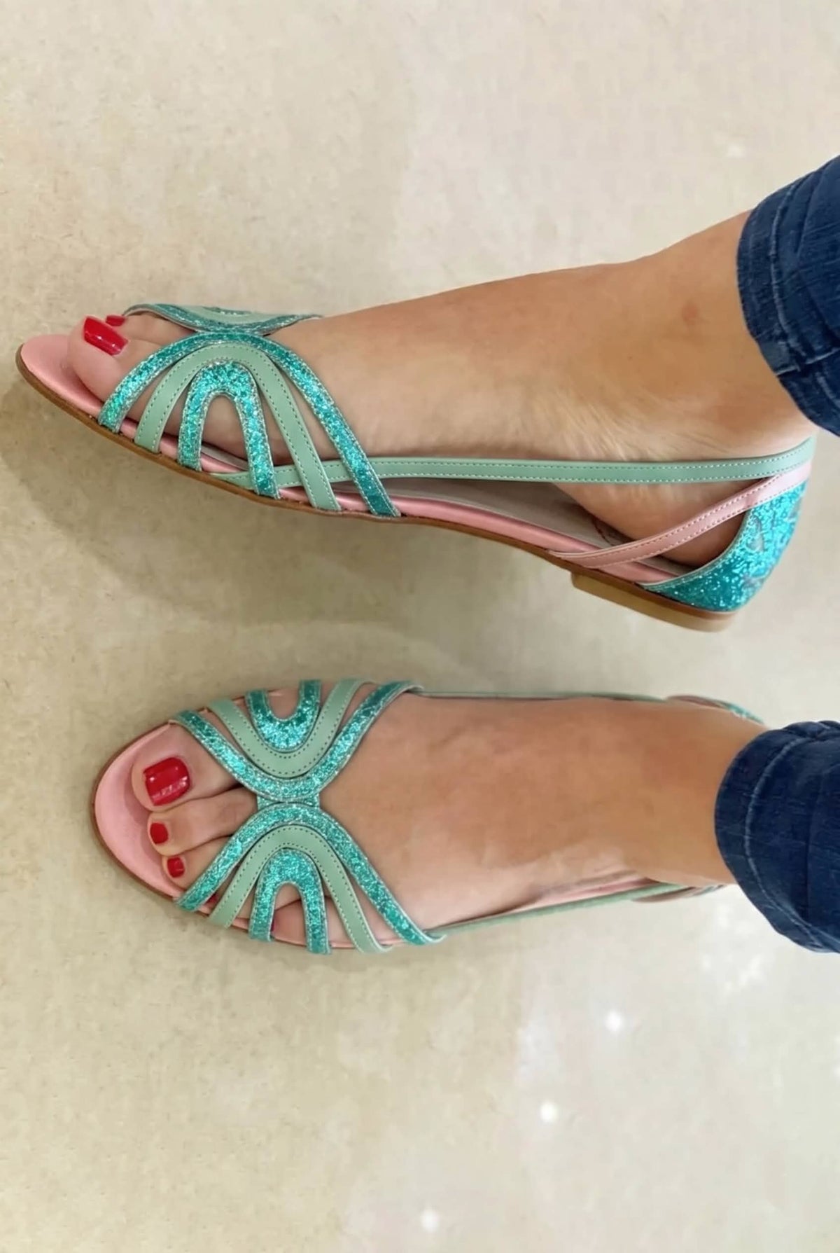 Eleonora flat sandals in bluish green, worn top view