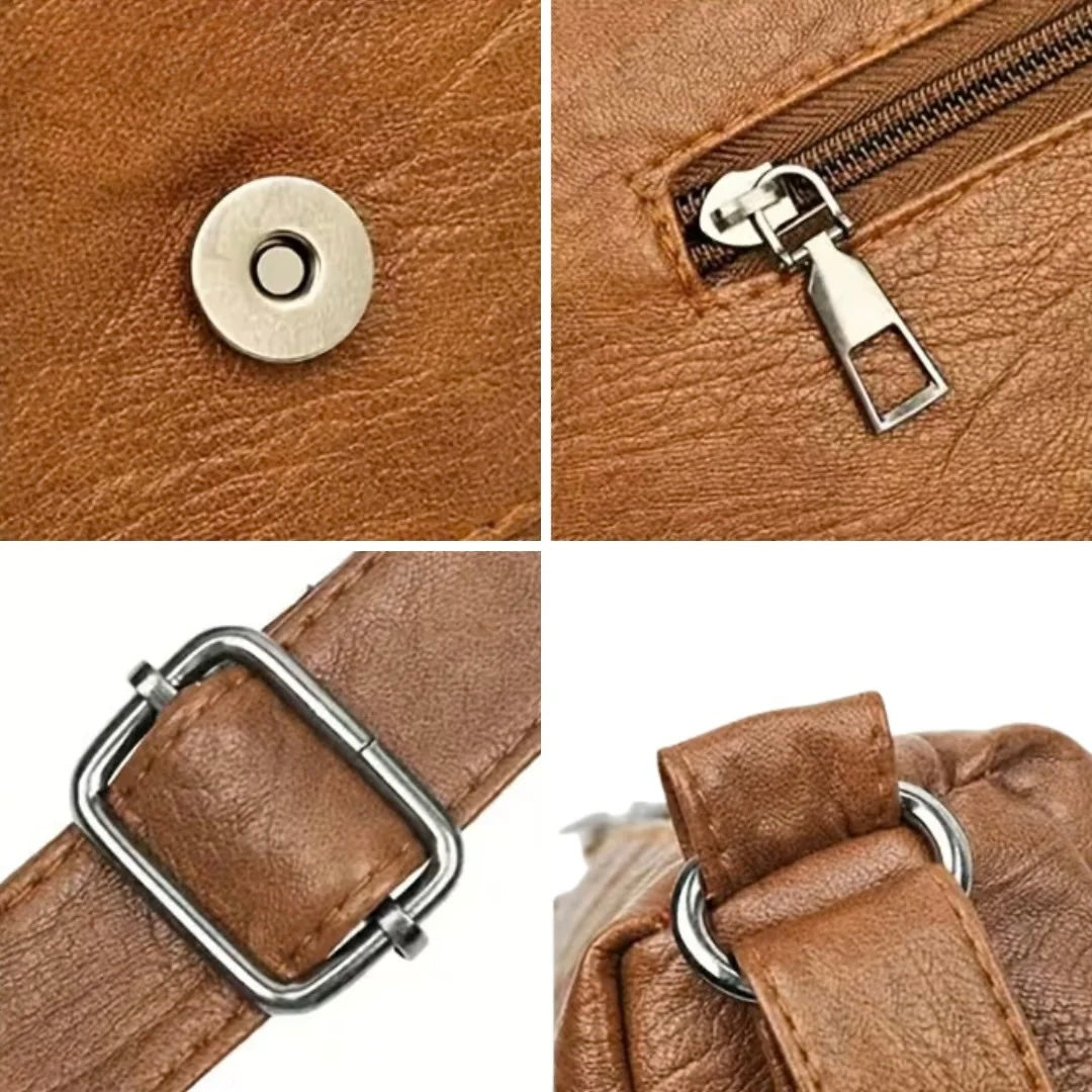 Close-up of the Verona crossbody bag press stud, zip pull and strap buckle