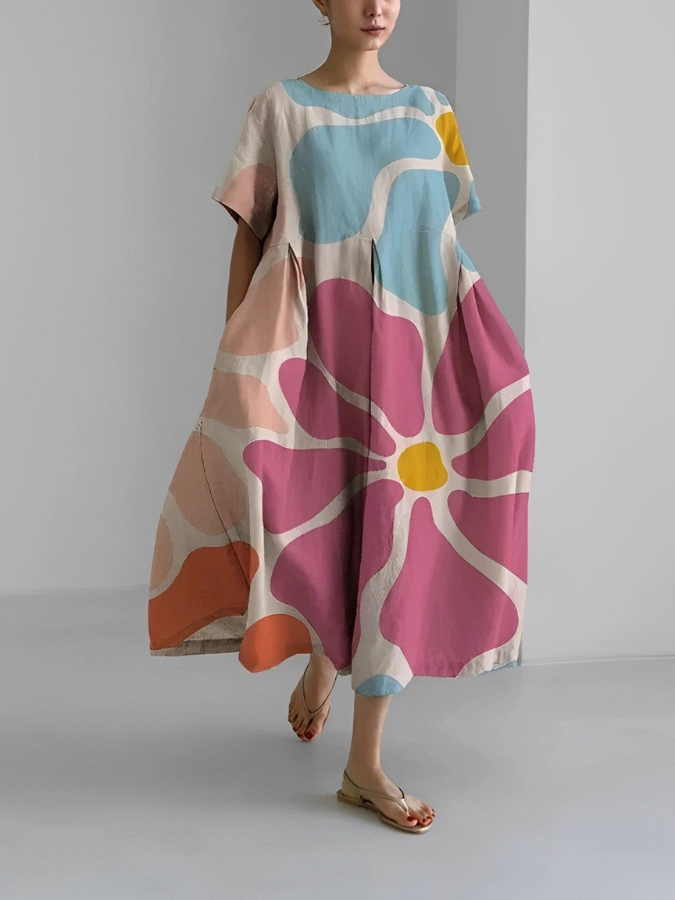 Henrietta summer dress in pink and blue graphic floral print, full-length front view