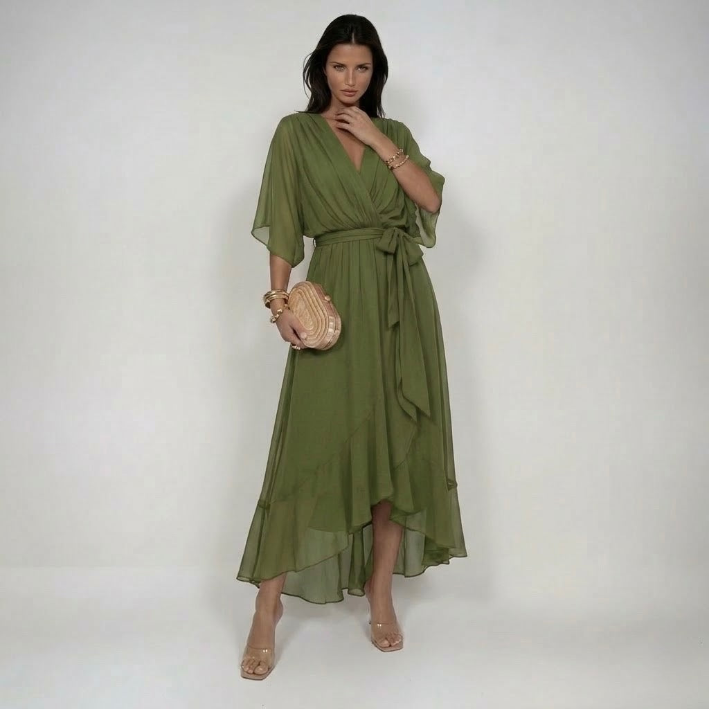 Marta V-neck chiffon dress in khaki green, full-length front view