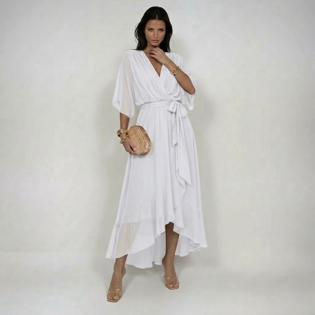 Marta V-neck chiffon dress in white, full-length front view