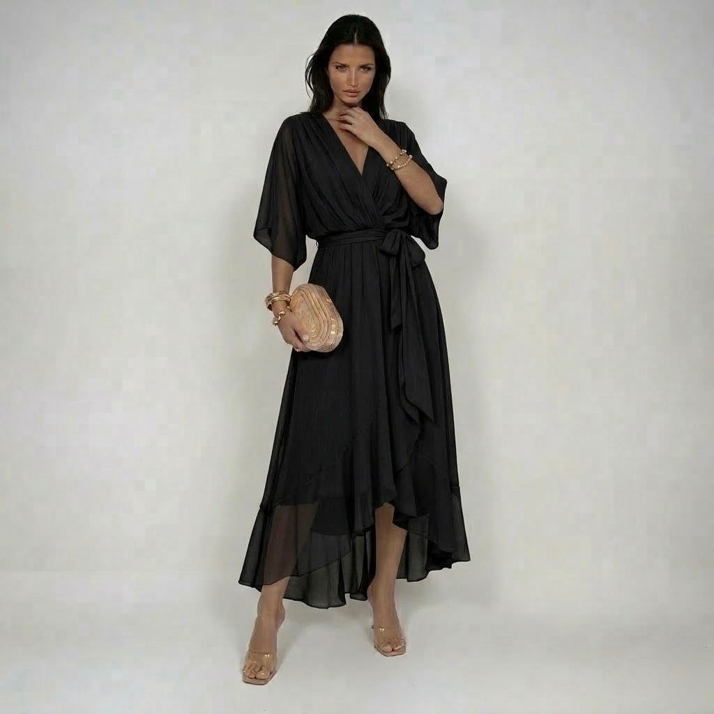 Marta V-neck chiffon dress in black, full-length front view