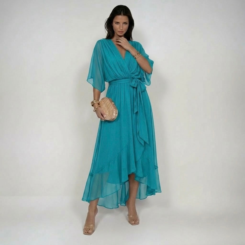 Marta V-neck chiffon dress in lake blue, full-length front view