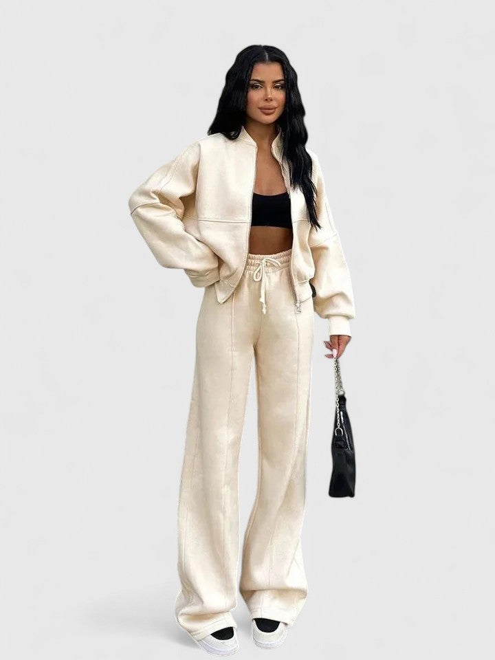 Olyverrah sweater and trouser set in beige, full-length front view