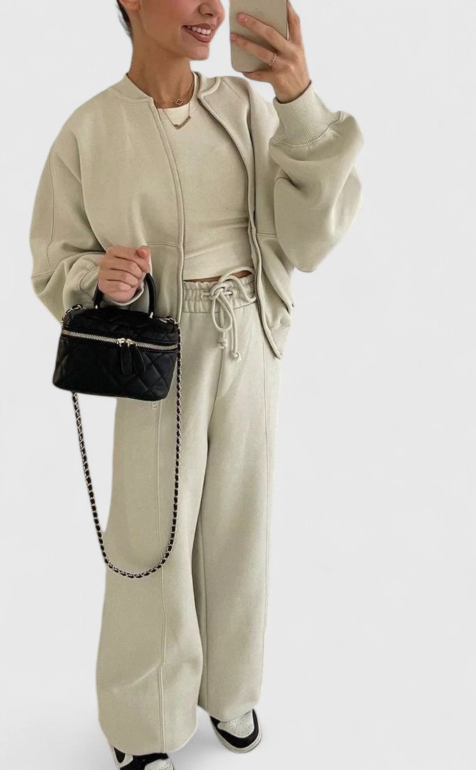 Olyverrah beige set close-up showing zip jacket and drawstring waist