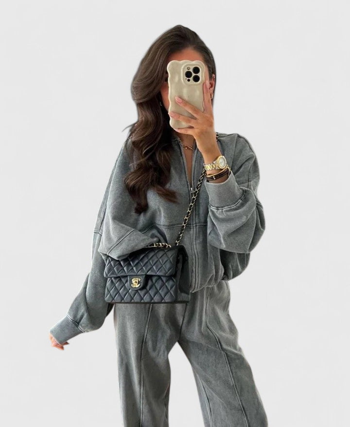 Olyverrah grey set detail view showing zip front and balloon sleeves