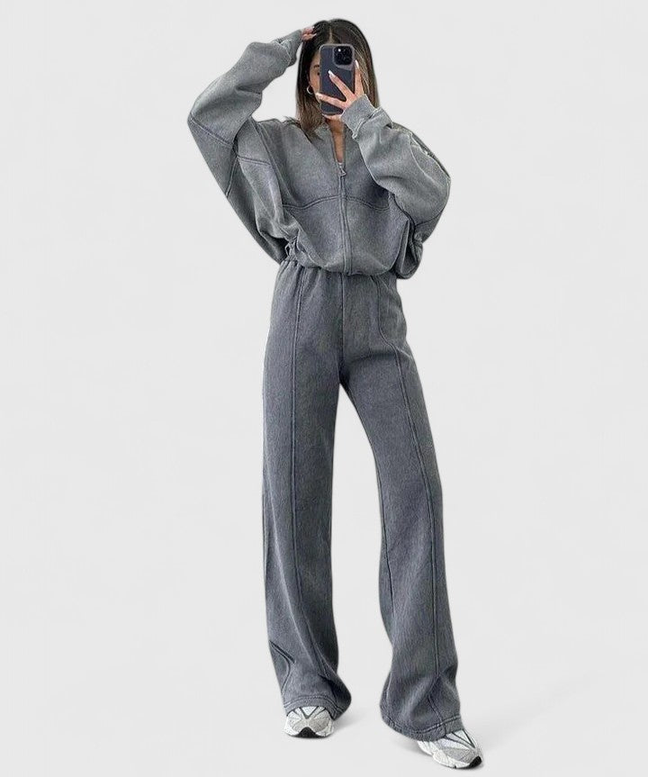 Olyverrah grey sweater set with wide-leg trousers, full-length view