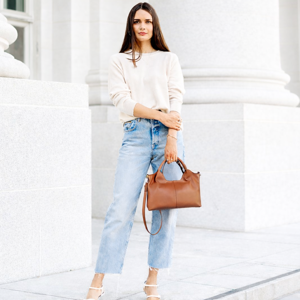 Aryna handbag in brown carried by a model with jeans and jumper