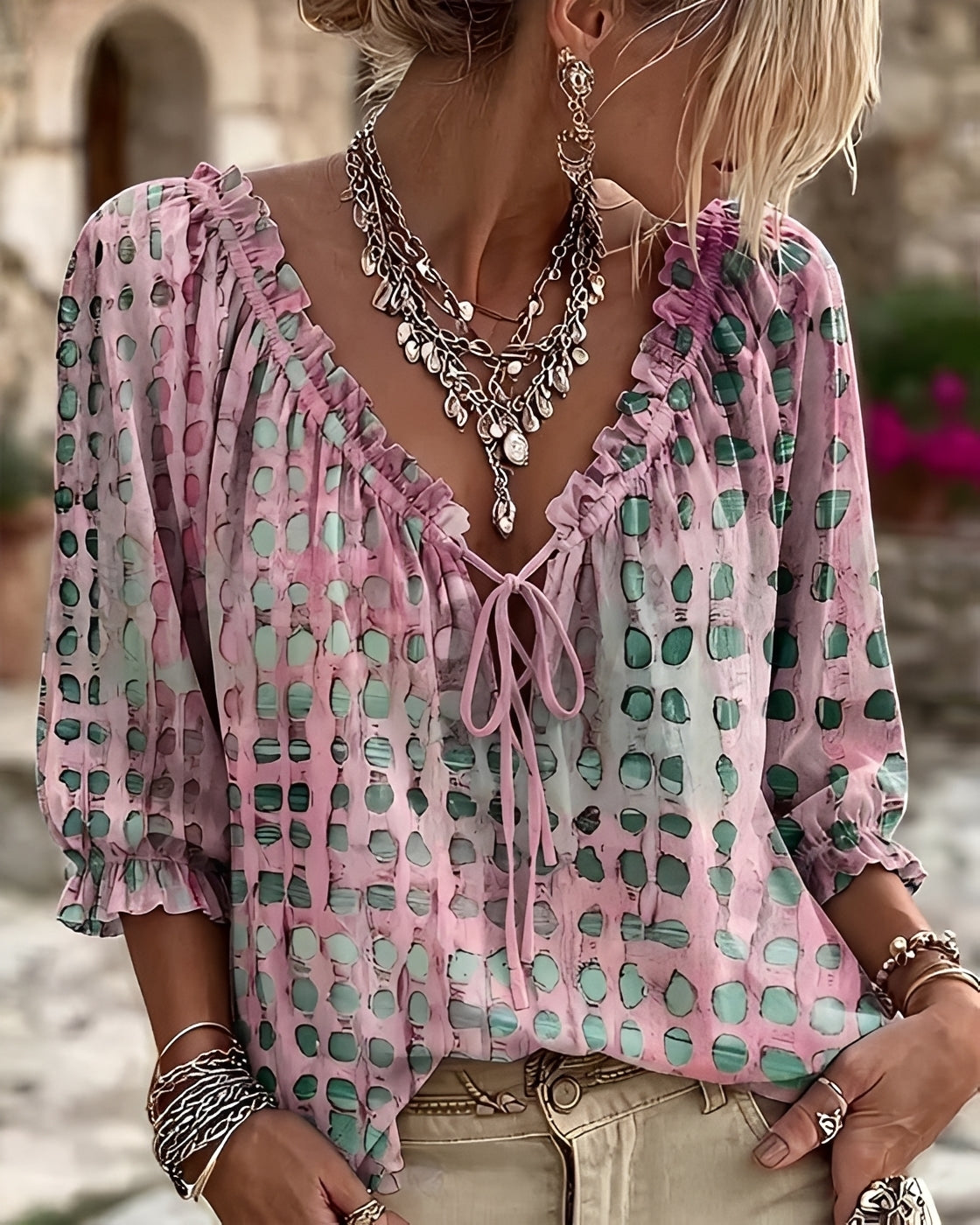 Candice polka-dot blouse in pink, front view on model