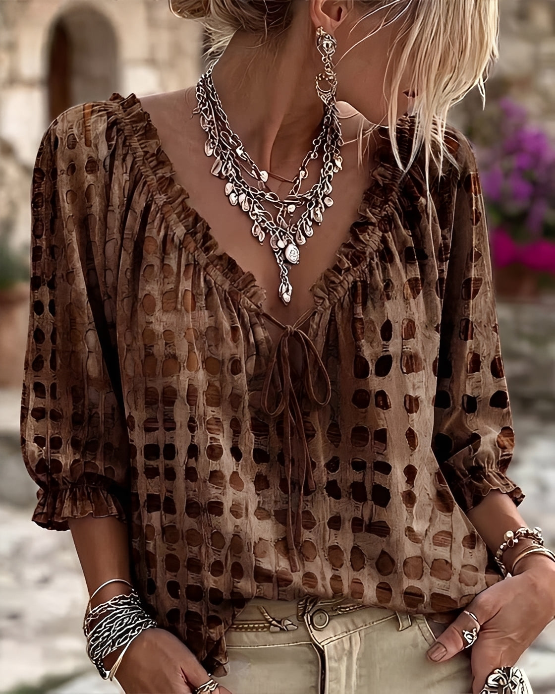 Candice polka-dot blouse in brown, front view on model