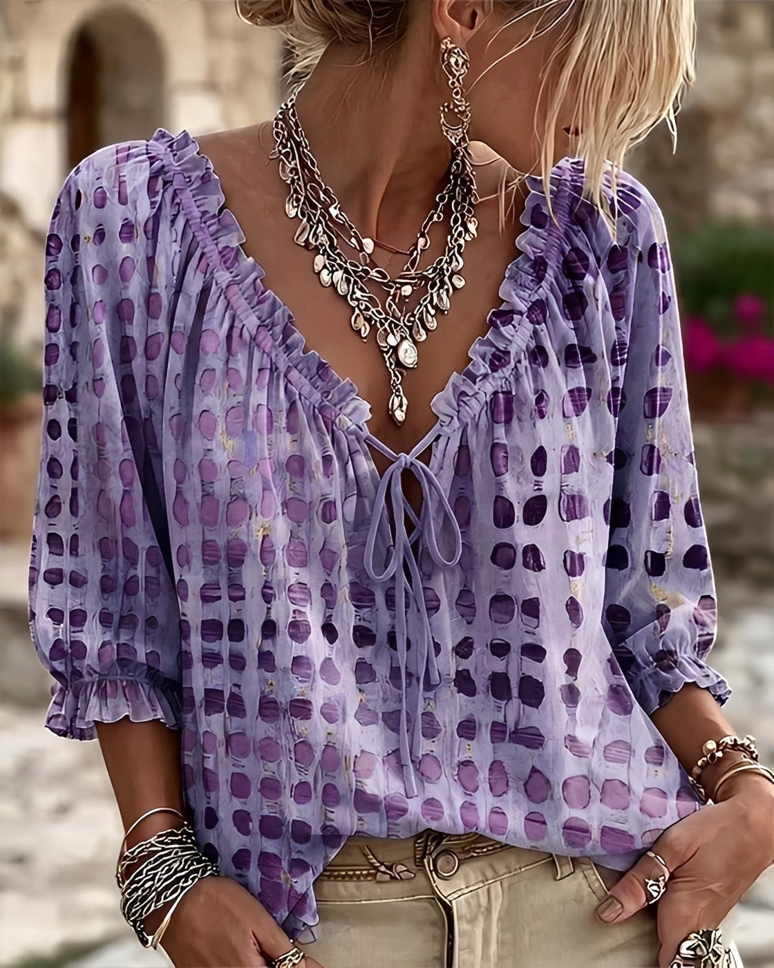 Candice polka-dot blouse in purple, front view on model