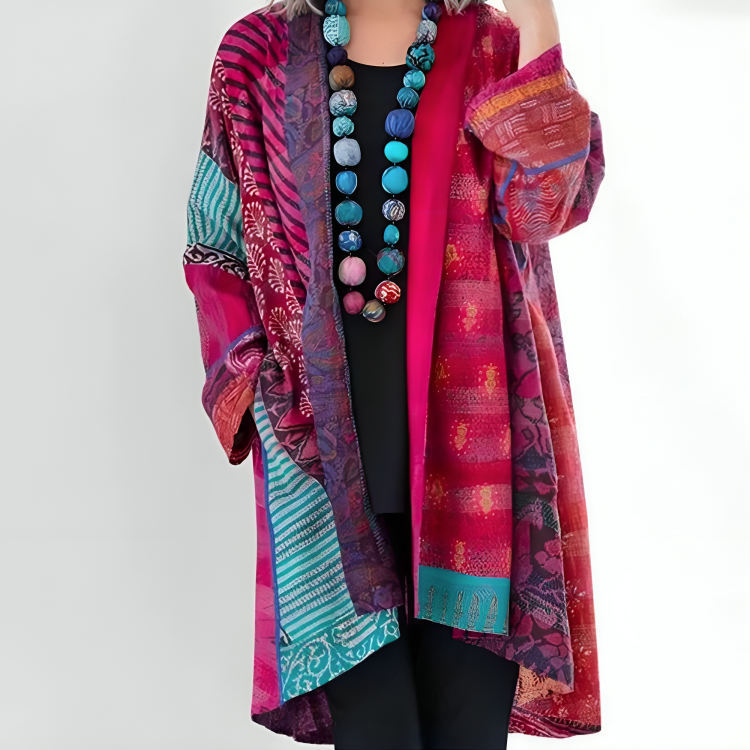 Dahlienne knit cardigan in pink print, worn as an open layer