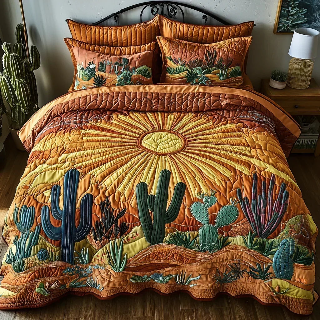 Sunrise over the cacti quilted bedding set in terracotta and amber on a bed with two matching pillow shams