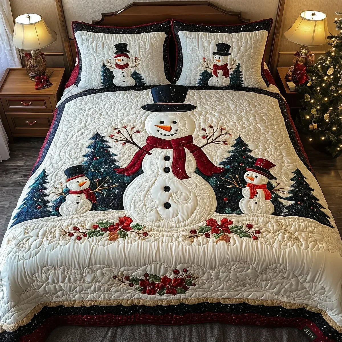 Snow Friends quilted bedding set in cream with snowman print and red holly border