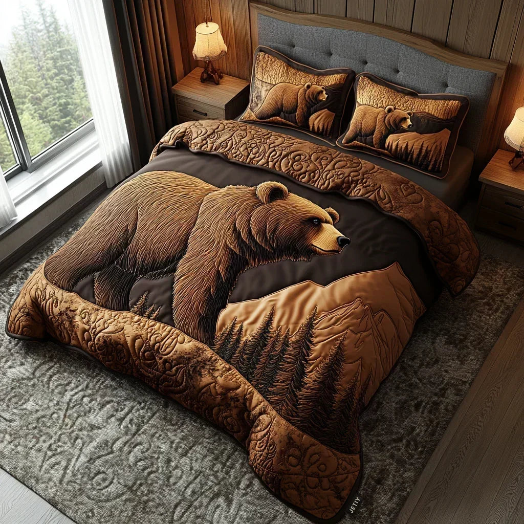 Woodland quilted bedding set with brown grizzly bear and pine forest design