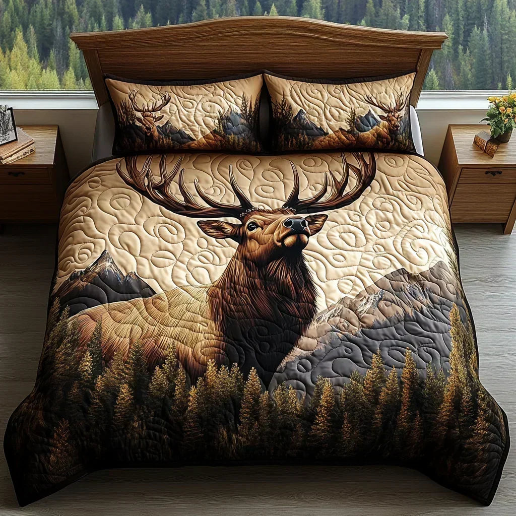 Woodland quilted bedding set with elk and mountain scene in cream and brown