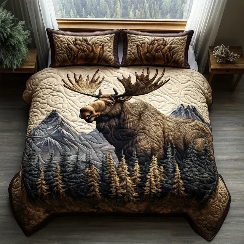 Woodland quilted bedding set with moose and mountains in cream and brown