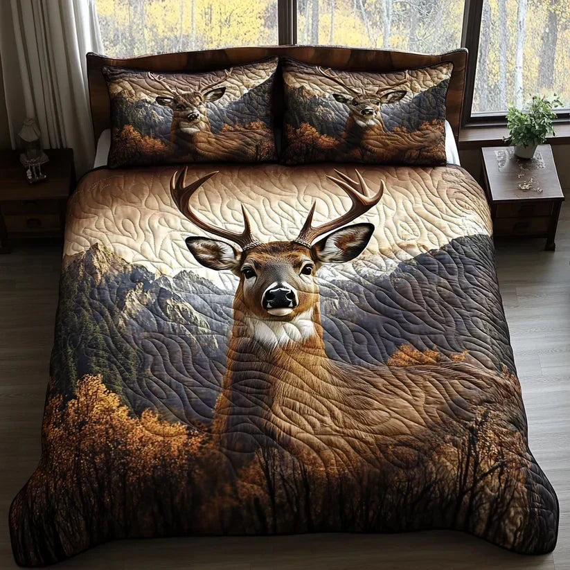 Woodland quilted bedding set with deer design in tan and grey