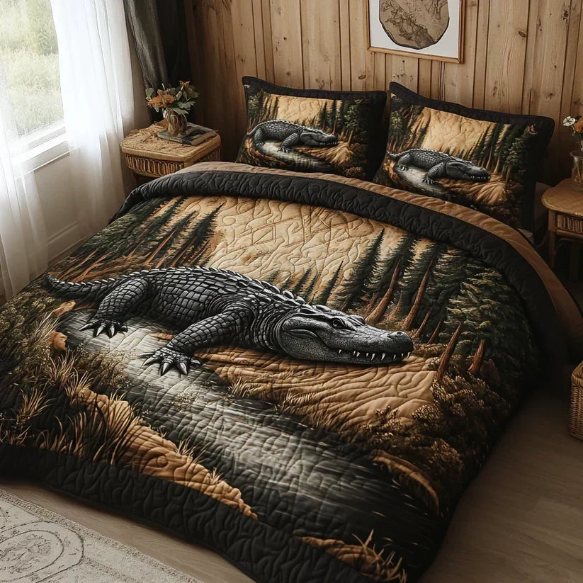 Woodland quilted bedding set with alligator and forest design in black and gold