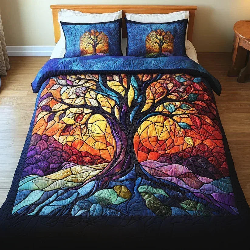Tree of Life quilted bedding set in blue with stained-glass colour tree