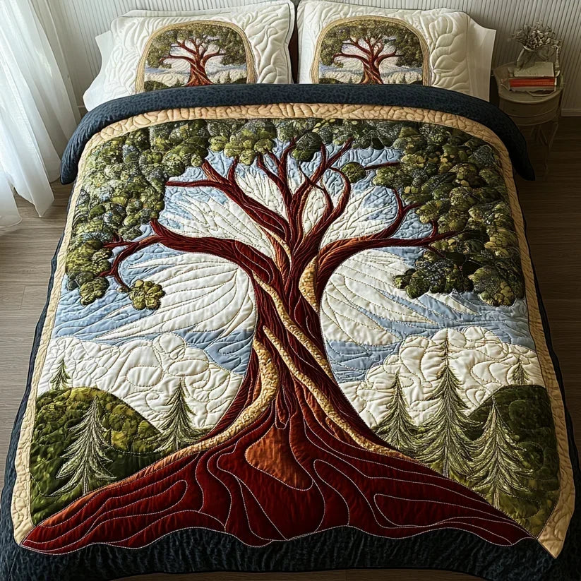 Tree of Life quilted bedding set in cream and green with rust tree trunk